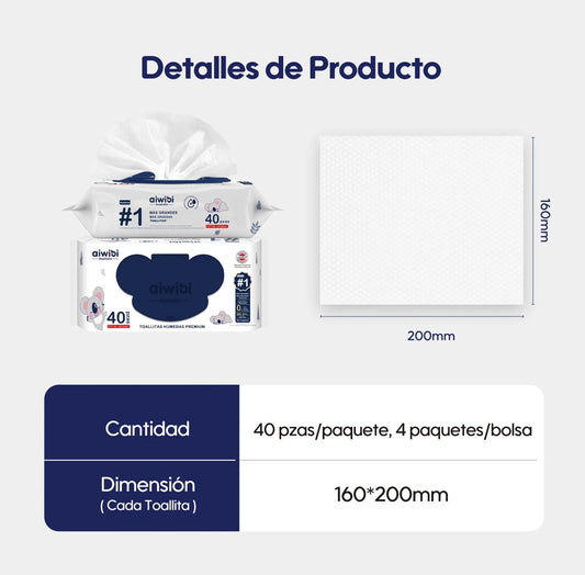 Pack Toallas Húmedas Premium Aiwibi 99,91%agua 4x40und