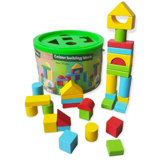 Juego Bloques De Construcción Madera Con Balde 50 Pzs
