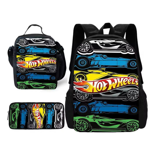 Mochila Escolar + Lonchera + Estuche Autos Niños