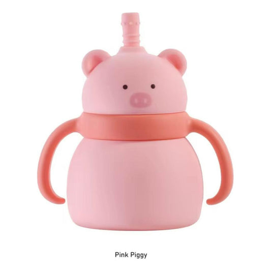 Vaso Con Bombilla Silicona Animalitos Rosa Claro Cerdito