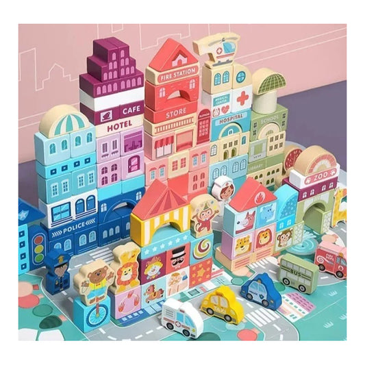 Juguete Didáctico Ciudad Bloques Construcción Madera Niños