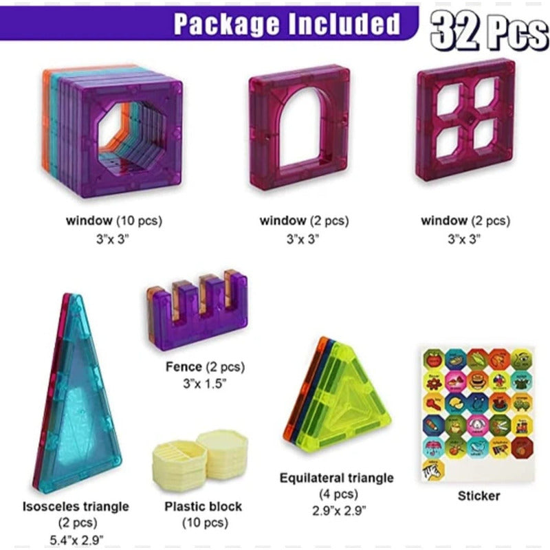 Juego De Construcción Magnético Imán Bloques Niños 32pzs