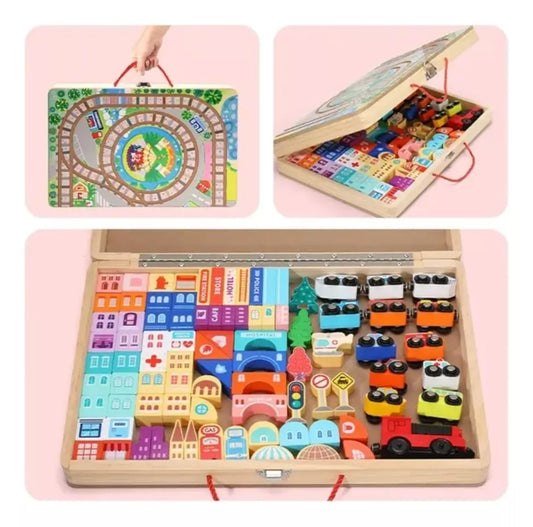 Juego Didáctico Ciudad Auto-trenes Madera Portátil