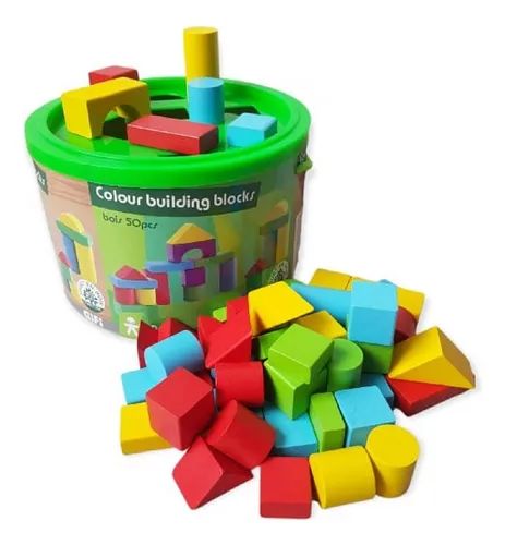 Juego Bloques De Construcción Madera Con Balde 50 Pzs