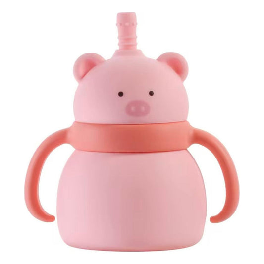 Vaso Con Bombilla Silicona Animalitos Rosa Claro Cerdito