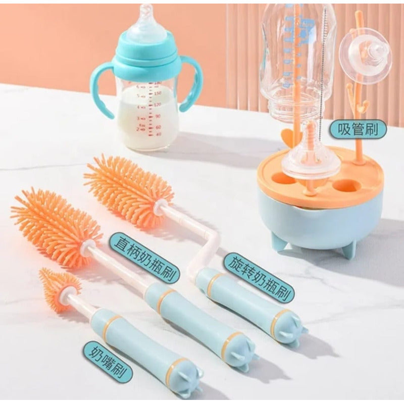 Set Cepillo De Silicona Limpiadores Mamadera Con Escurridor