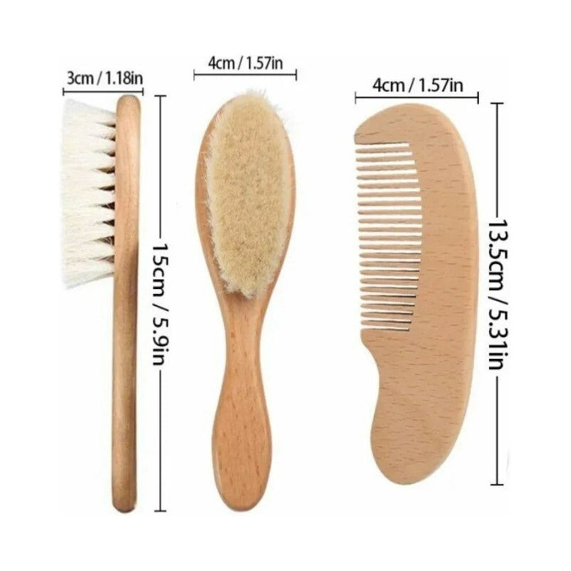 Cepillo Y Peine Madera Cerdas Suaves Para Bebés Marrón Claro