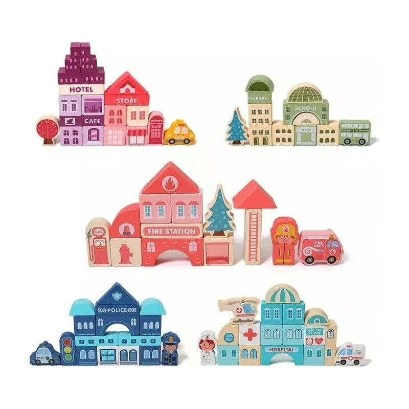 Juguete Didáctico Ciudad Bloques Construcción Madera Niños