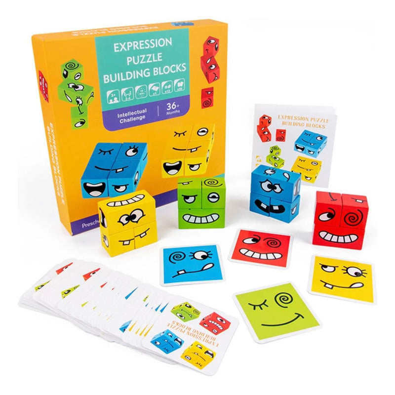 Juego Puzzle Cubos Didáctico Expresiones Y Emociones Madera