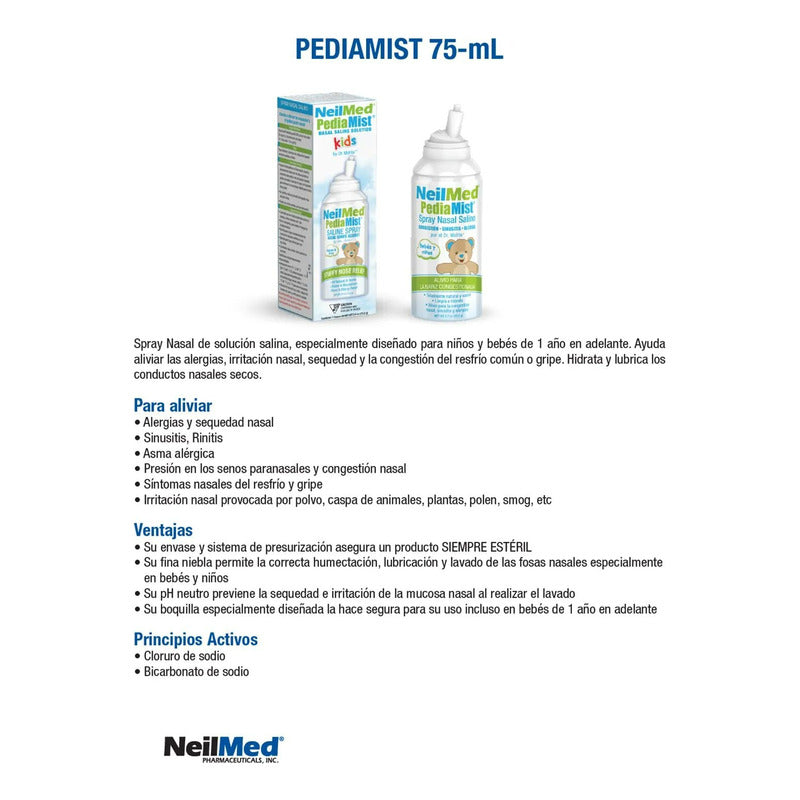 Lavador Nasal Solución Salina Niños Neilmed Pediamist Celeste