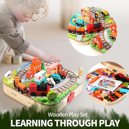 Juego Didáctico Ciudad Auto-trenes Madera Portátil