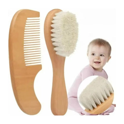 Cepillo Y Peine Madera Cerdas Suaves Para Bebés Marrón Claro
