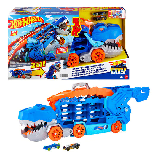 Hot Wheels City Pista De Juguete Súper Remolque T-rex Autos Multicolor