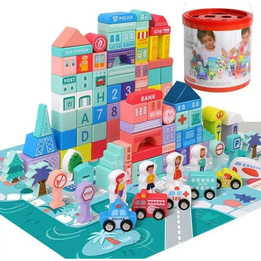 Juguete Didáctico Ciudad Bloques Construcción Madera Niños