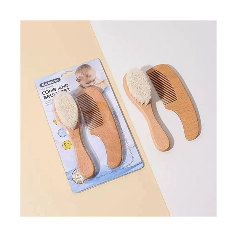 Cepillo Y Peine Madera Cerdas Suaves Para Bebés Marrón Claro