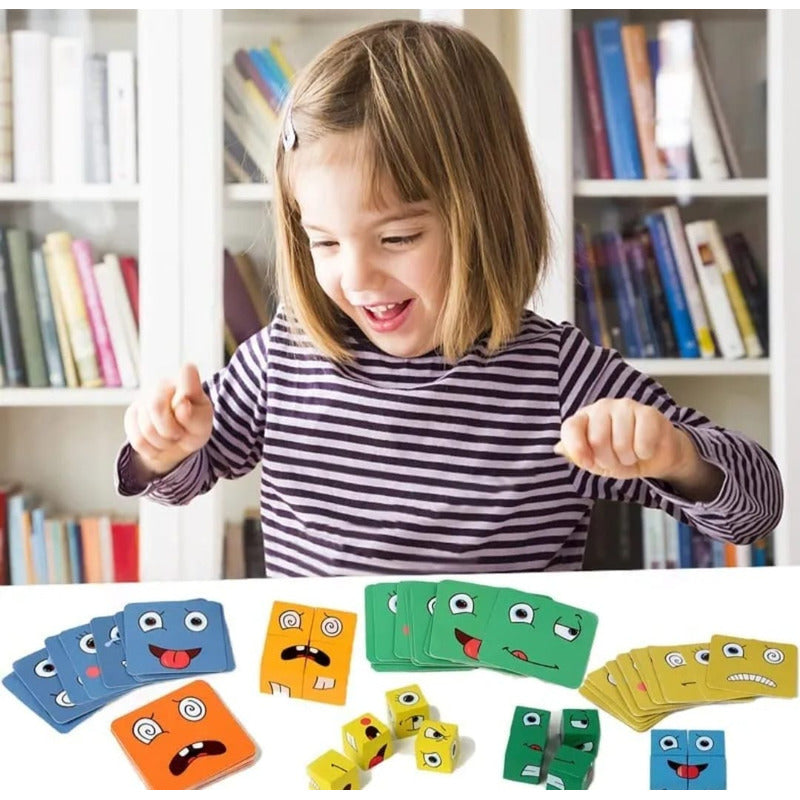 Juego Puzzle Cubos Didáctico Expresiones Y Emociones Madera
