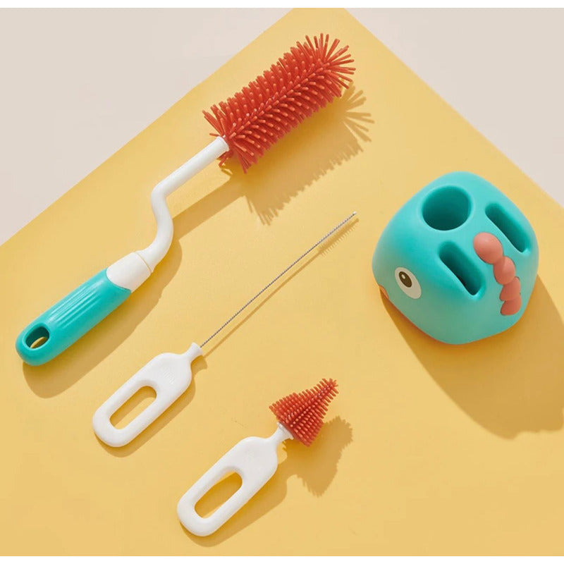 Set Cepillo De Silicona Limpiadores Mamadera Con Escurridor