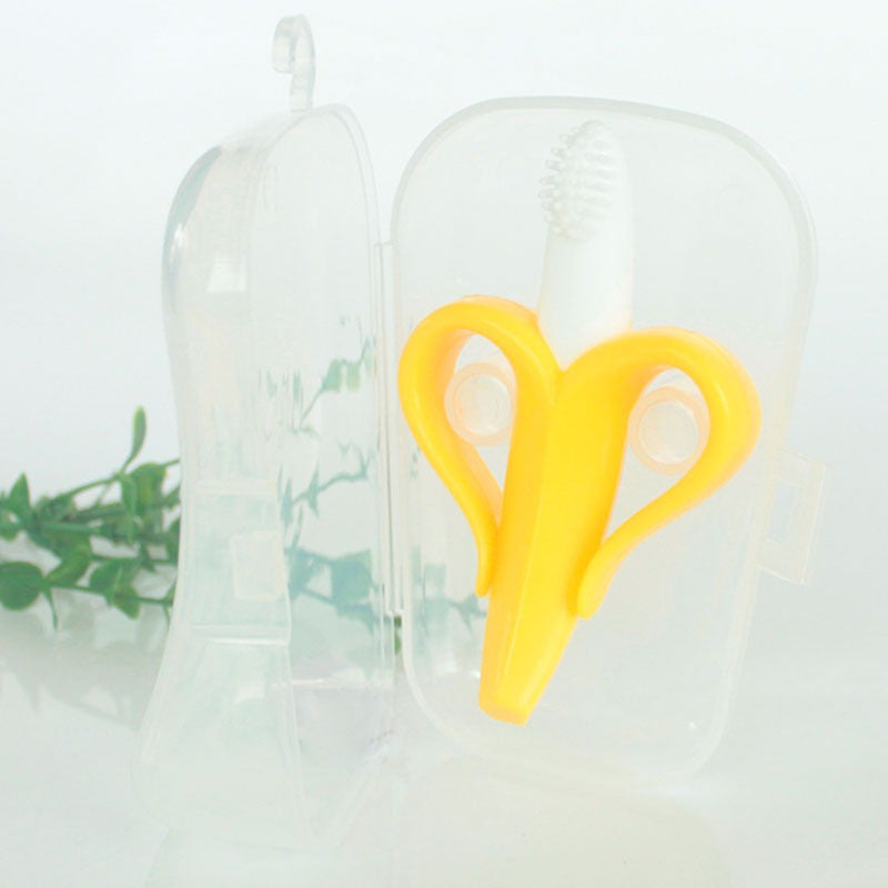 Mordedor Banana De Silicona Para Bebés Con Estuche Color Amarillo