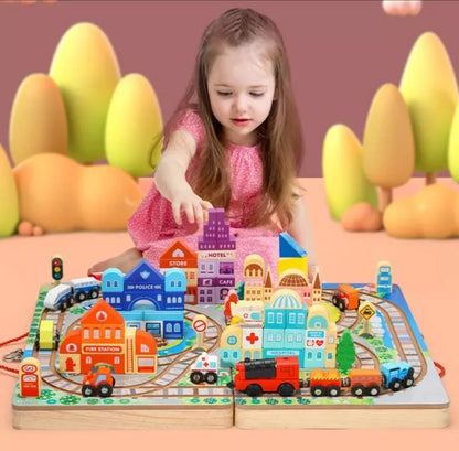Juego Didáctico Ciudad Auto-trenes Madera Portátil
