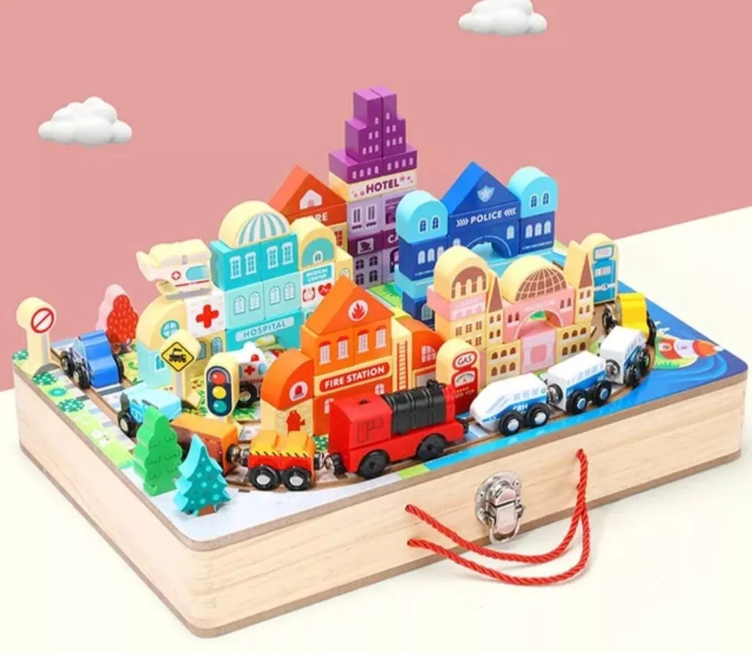 Juego Didáctico Ciudad Auto-trenes Madera Portátil
