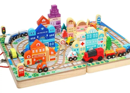 Juego Didáctico Ciudad Auto-trenes Madera Portátil