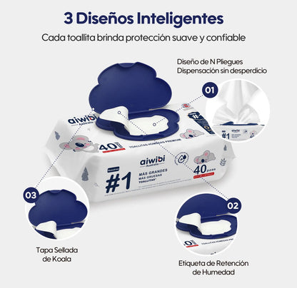 Pack Toallas Húmedas Premium Aiwibi 99,91%agua 4x40und