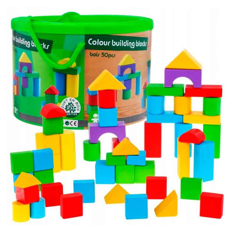 Juego Bloques De Construcción Madera Con Balde 50 Pzs