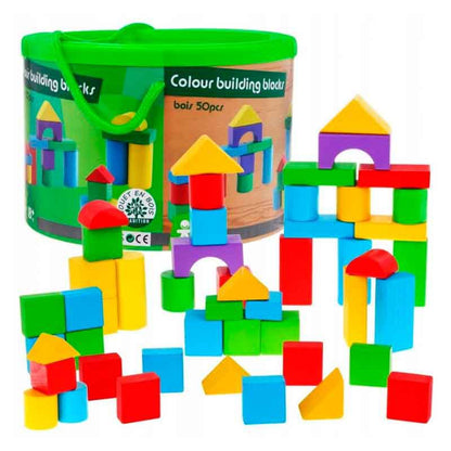 Juego Bloques De Construcción Madera Con Balde 50 Pzs