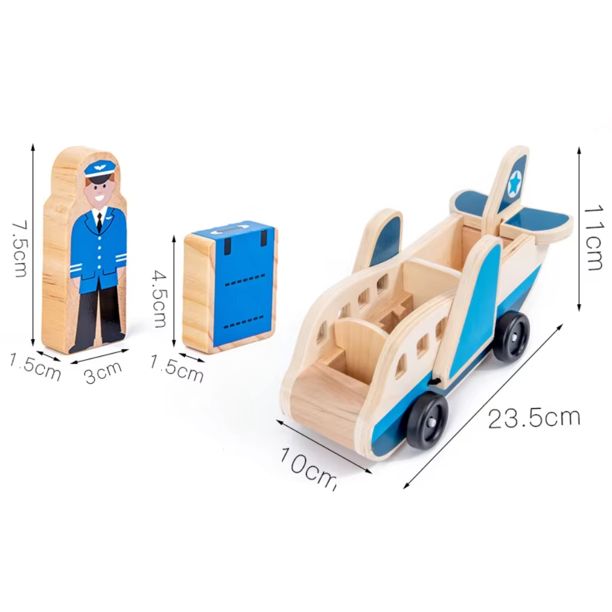 Juguete avion de madera didáctico con pasajeros y equipaje